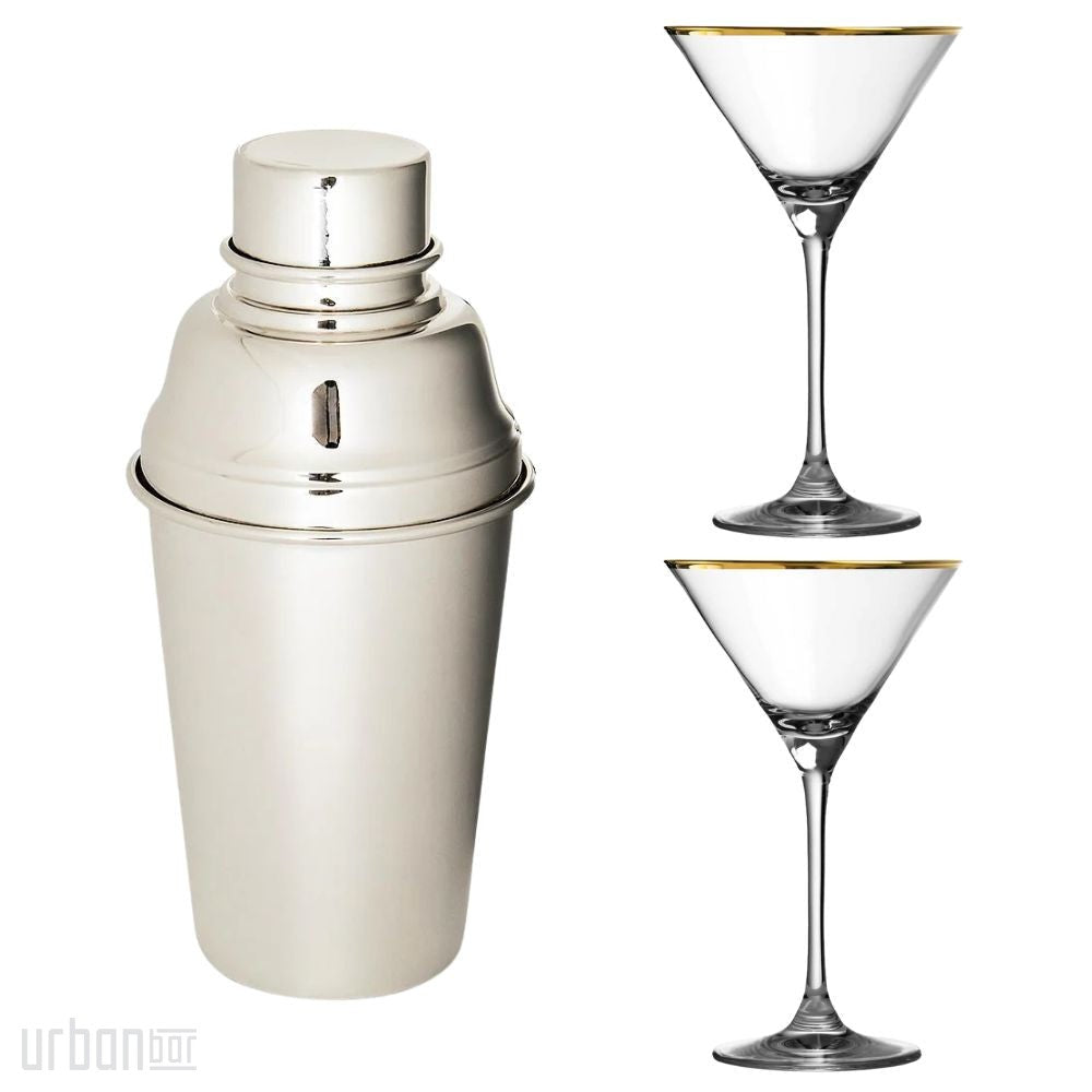 Lujoso set de coctelera plateada y copas con borde dorado