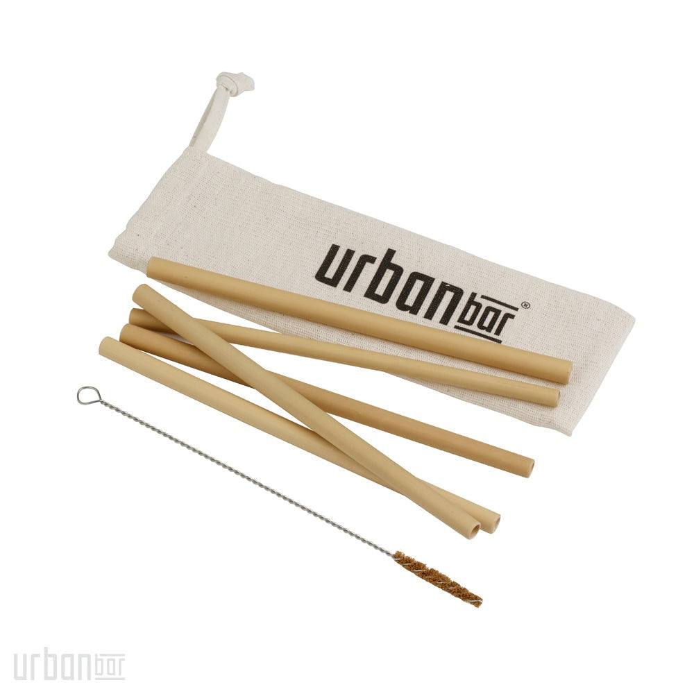 Pailles en bambou (5) dans une pochette en toile de jute avec brosse 23cm