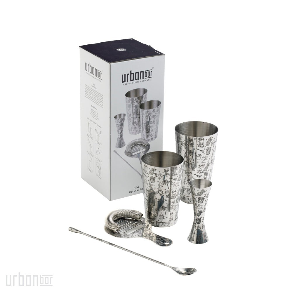 Tiki Coffret cocktail 5 pièces en acier inoxydable : shaker tin-on-tin, doseur, cuillère et passoire