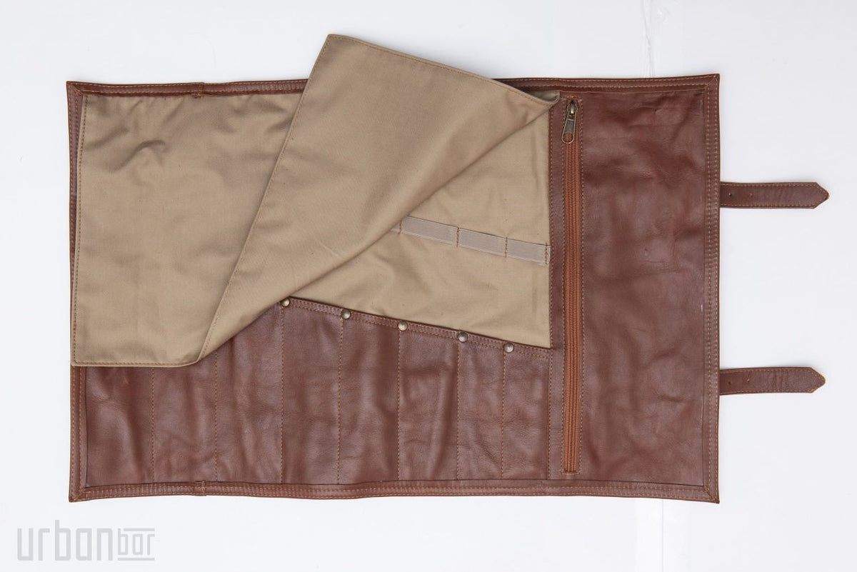 Bolsa de herramientas enrollable de cuero marrón