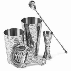 Tattoo Stainless Steel 5 Piece Cocktail Set Tin-on-Tin Shaker, Jigger, Spoon and Strainer