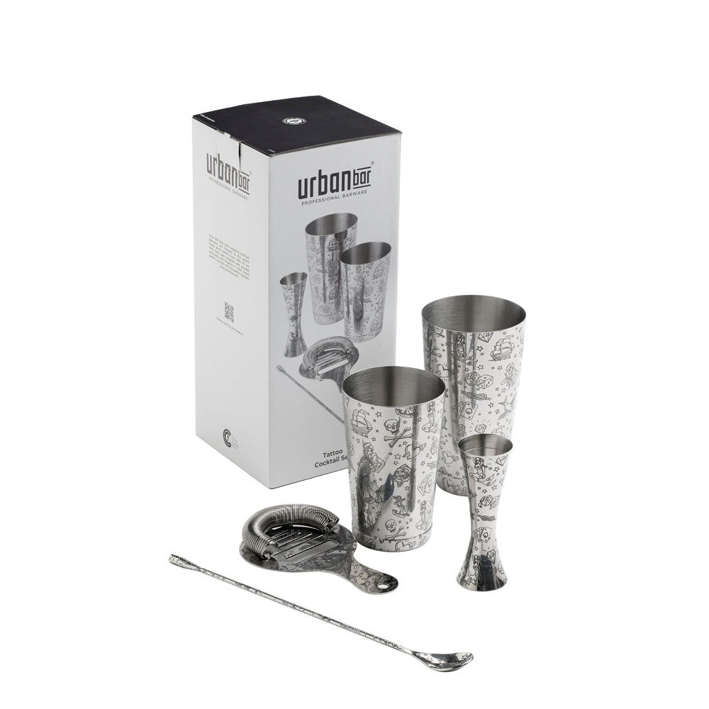 Tattoo Stainless Steel 5 Piece Cocktail Set Tin-on-Tin Shaker, Jigger, Spoon and Strainer